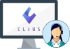 CLIUSのロゴが表示されているパソコンと、カスタマーサポートの女性のイラスト
